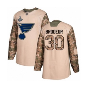 Men's St. Louis Blues #30 Martin Brodeur Authentic Camo Veterans Day Practice 2019 Stanley Cup Champions Hockey Jersey