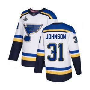 Men's St. Louis Blues #31 Chad Johnson Authentic White Away 2019 Stanley Cup Champions Hockey Jersey