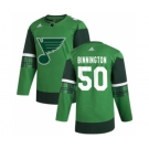 Men's St. Louis Blues #50 Jordan Binnington 2020 St. Patrick's Day Stitched Hockey Jersey Green