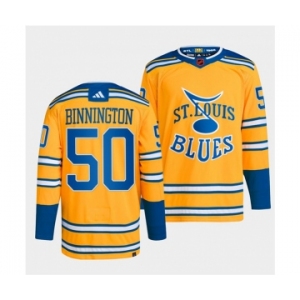 Men's St. Louis Blues #50 Jordan Binnington Yellow 2022-23 Reverse Retro Stitched Jersey