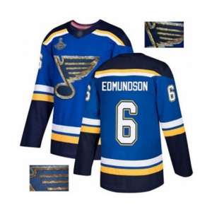 Men's St. Louis Blues #6 Joel Edmundson Authentic Royal Blue Fashion Gold 2019 Stanley Cup Champions Hockey Jersey