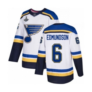 Men's St. Louis Blues #6 Joel Edmundson Authentic White Away 2019 Stanley Cup Champions Hockey Jersey