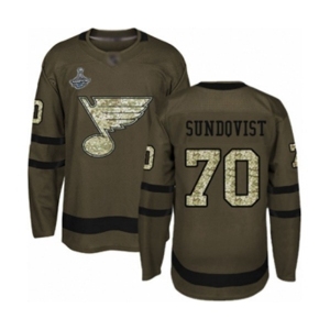 Men's St. Louis Blues #70 Oskar Sundqvist Authentic Green Salute to Service 2019 Stanley Cup Champions Hockey Jersey