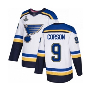 Men's St. Louis Blues #9 Shayne Corson Authentic White Away 2019 Stanley Cup Champions Hockey Jersey