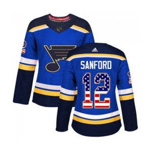 Women Adidas St. Louis Blues #12 Zach Sanford Authentic Blue USA Flag Fashion NHL Jersey