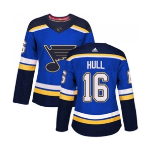 Women Adidas St. Louis Blues #16 Brett Hull Authentic Royal Blue Home NHL Jersey