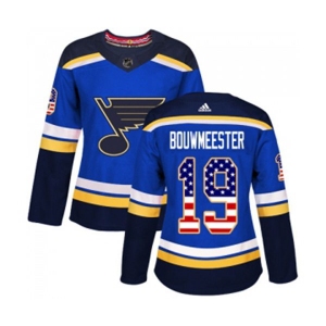 Women Adidas St. Louis Blues #19 Jay Bouwmeester Authentic Blue USA Flag Fashion NHL Jersey