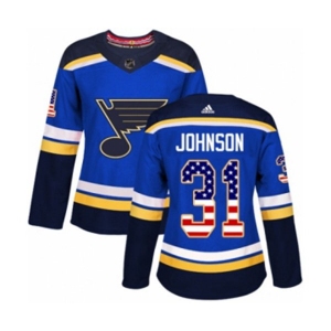 Women Adidas St. Louis Blues #31 Chad Johnson Authentic Blue USA Flag Fashion NHL Jersey