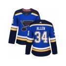 Women Adidas St. Louis Blues #34 Jake Allen Blue Home Authentic Stitched NHL Jersey