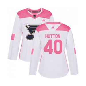 Women Adidas St. Louis Blues #40 Carter Hutton Authentic White Pink Fashion NHL Jersey