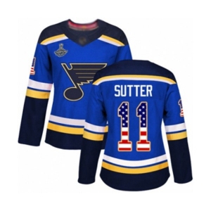 Women's St. Louis Blues #11 Brian Sutter Authentic Blue USA Flag Fashion 2019 Stanley Cup Champions Hockey Jersey