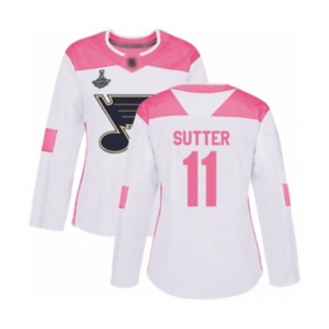 Women's St. Louis Blues #11 Brian Sutter Authentic White Pink Fashion 2019 Stanley Cup Champions Hockey Jersey