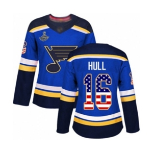 Women's St. Louis Blues #16 Brett Hull Authentic Blue USA Flag Fashion 2019 Stanley Cup Champions Hockey Jersey