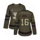 Women's St. Louis Blues #16 Brett Hull Authentic Green Salute to Service 2019 Stanley Cup Champions Hockey Jersey