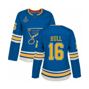 Women's St. Louis Blues #16 Brett Hull Authentic Navy Blue Alternate 2019 Stanley Cup Champions Hockey Jersey