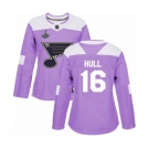 Women's St. Louis Blues #16 Brett Hull Authentic Purple Fights Cancer Practice 2019 Stanley Cup Champions Hockey Jersey