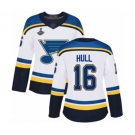 Women's St. Louis Blues #16 Brett Hull Authentic White Away 2019 Stanley Cup Champions Hockey Jersey