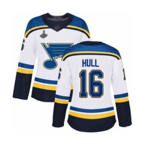 Women's St. Louis Blues #16 Brett Hull Authentic White Away 2019 Stanley Cup Champions Hockey Jersey