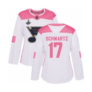 Women's St. Louis Blues #17 Jaden Schwartz Authentic White Pink Fashion 2019 Stanley Cup Champions Hockey Jersey