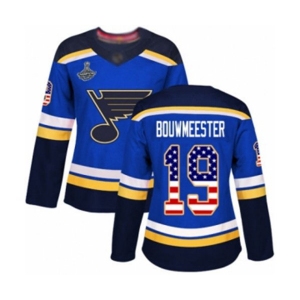 Women's St. Louis Blues #19 Jay Bouwmeester Authentic Blue USA Flag Fashion 2019 Stanley Cup Champions Hockey Jersey