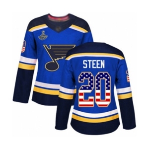 Women's St. Louis Blues #20 Alexander Steen Authentic Blue USA Flag Fashion 2019 Stanley Cup Champions Hockey Jersey