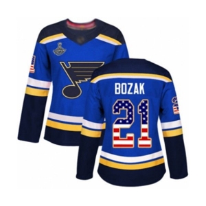 Women's St. Louis Blues #21 Tyler Bozak Authentic Blue USA Flag Fashion 2019 Stanley Cup Champions Hockey Jersey