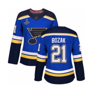 Women's St. Louis Blues #21 Tyler Bozak Authentic Royal Blue Home 2019 Stanley Cup Champions Hockey Jersey