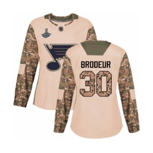 Women's St. Louis Blues #30 Martin Brodeur Authentic Camo Veterans Day Practice 2019 Stanley Cup Champions Hockey Jersey