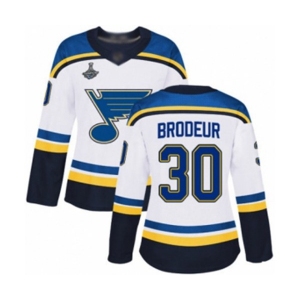 Women's St. Louis Blues #30 Martin Brodeur Authentic White Away 2019 Stanley Cup Champions Hockey Jersey