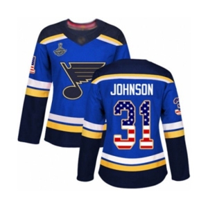 Women's St. Louis Blues #31 Chad Johnson Authentic Blue USA Flag Fashion 2019 Stanley Cup Champions Hockey Jersey