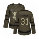 Women's St. Louis Blues #31 Chad Johnson Authentic Green Salute to Service 2019 Stanley Cup Champions Hockey Jersey