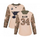 Women's St. Louis Blues #34 Jake Allen Authentic Camo Veterans Day Practice 2019 Stanley Cup Champions Hockey Jersey