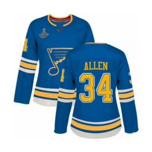 Women's St. Louis Blues #34 Jake Allen Authentic Navy Blue Alternate 2019 Stanley Cup Champions Hockey Jersey