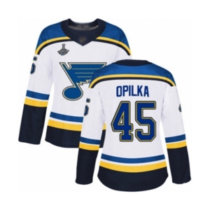 Women's St. Louis Blues #45 Luke Opilka Authentic White Away 2019 Stanley Cup Champions Hockey Jersey