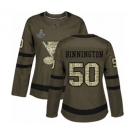 Women's St. Louis Blues #50 Jordan Binnington Authentic Green Salute to Service 2019 Stanley Cup Champions Hockey Jersey