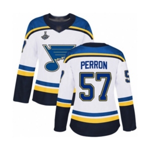 Women's St. Louis Blues #57 David Perron Authentic White Away 2019 Stanley Cup Champions Hockey Jersey