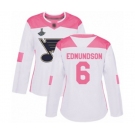 Women's St. Louis Blues #6 Joel Edmundson Authentic White Pink Fashion 2019 Stanley Cup Champions Hockey Jersey