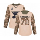 Women's St. Louis Blues #70 Oskar Sundqvist Authentic Camo Veterans Day Practice 2019 Stanley Cup Champions Hockey