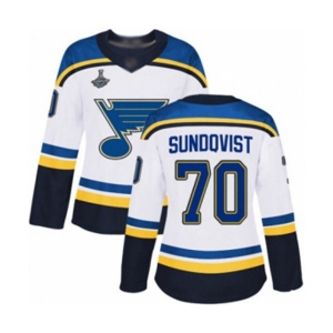 Women's St. Louis Blues #70 Oskar Sundqvist Authentic White Away 2019 Stanley Cup Champions Hockey Jersey