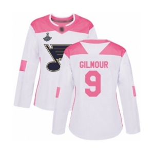 Women's St. Louis Blues #9 Doug Gilmour Authentic White Pink Fashion 2019 Stanley Cup Champions Hockey Jersey