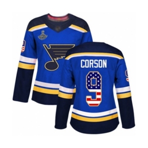 Women's St. Louis Blues #9 Shayne Corson Authentic Blue USA Flag Fashion 2019 Stanley Cup Champions Hockey Jersey