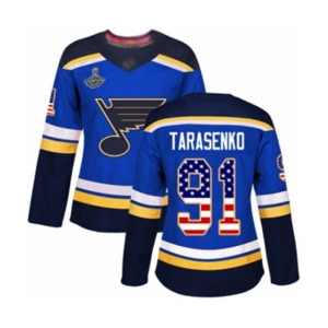 Women's St. Louis Blues #91 Vladimir Tarasenko Authentic Blue USA Flag Fashion 2019 Stanley Cup Champions Hockey Jersey