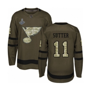 Youth St. Louis Blues #11 Brian Sutter Authentic Green Salute to Service 2019 Stanley Cup Champions Hockey Jersey