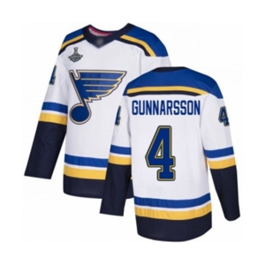 Youth St. Louis Blues #4 Carl Gunnarsson Authentic White Away 2019 Stanley Cup Champions Hockey Jersey