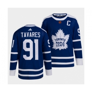 Men's Toronto Maple Leafs Black #91 John Tavares Blue 2022 Reverse Retro Stitched Jersey