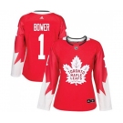 Women Adidas Toronto Maple Leafs #1 Johnny Bower Authentic Red Alternate NHL Jersey