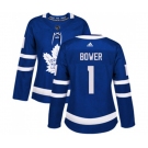 Women Adidas Toronto Maple Leafs #1 Johnny Bower Authentic Royal Blue Home NHL Jersey