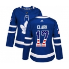 Women Adidas Toronto Maple Leafs #17 Wendel Clark Authentic Royal Blue USA Flag Fashion NHL Jersey