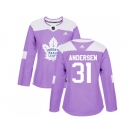 Women Adidas Toronto Maple Leafs #31 Frederik Andersen Purple Authentic Fights Cancer Stitched NHL Jersey