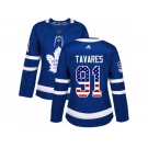 Women Adidas Toronto Maple Leafs #91 John Tavares Blue Home Authentic USA Flag Stitched NHL Jersey